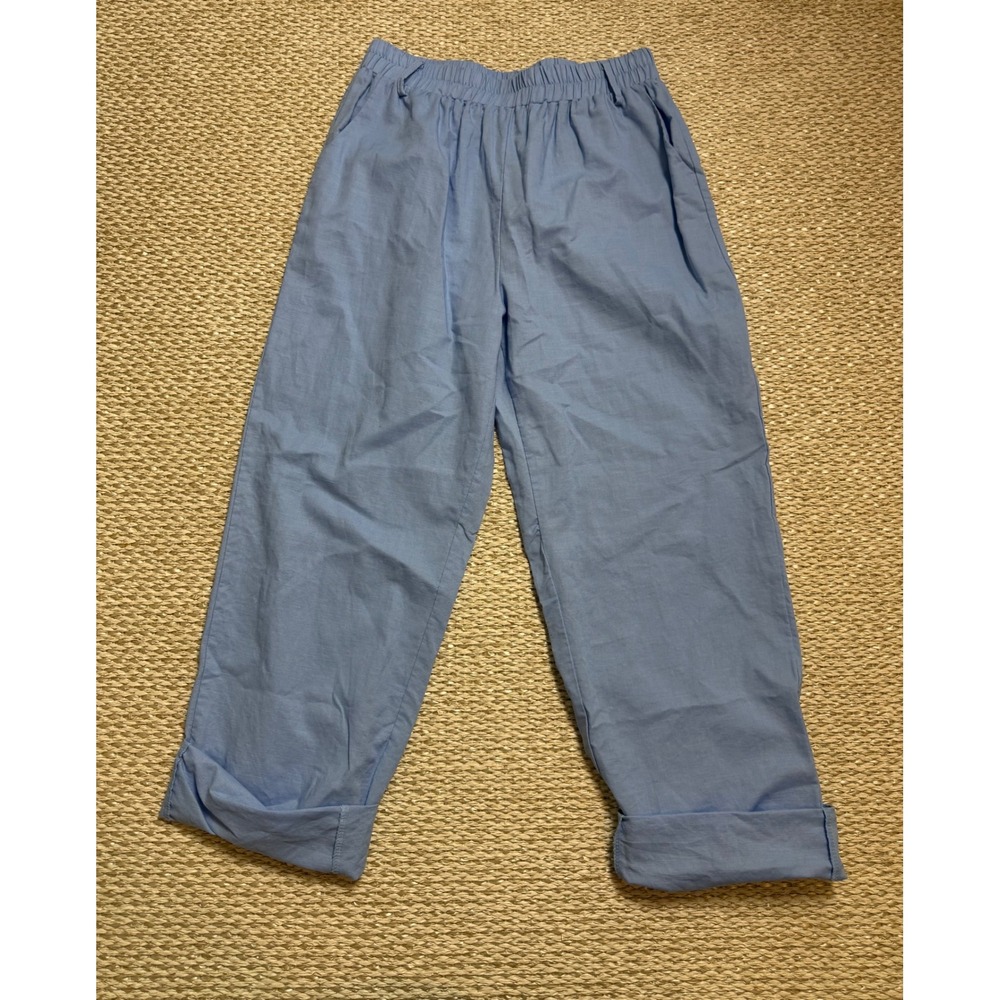 Light Blue Linen Cotton Blend Elastic Waist Pants M coastal lagenlook Beachy